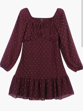 Zunie Emma Long Sleeve Metallic clip Dot dress girls size 12 burgundy and gold